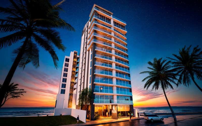 Departamento frente al mar en Elite Tower, Salinas Ecuador — sala con vista al Pacífico